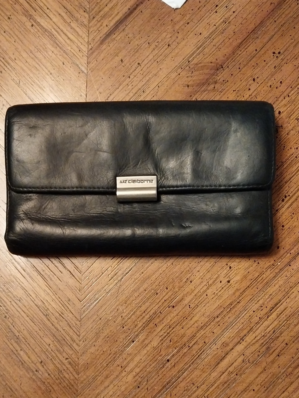 Vintage Liz Claiborne Black Leather Tri Fold Flap Wallet with Metal Logo Clasp